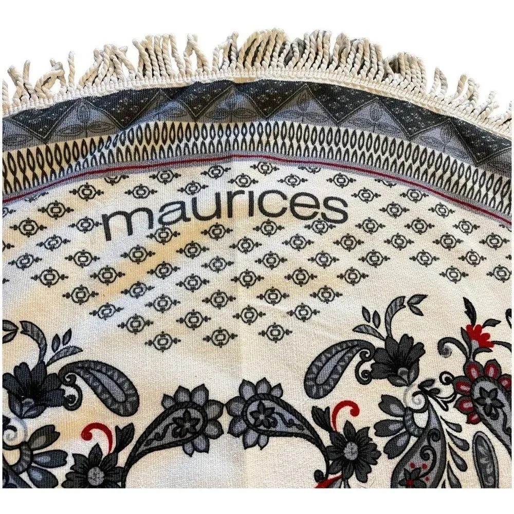 Maurice’s Round Floral Paisley beach Towel Large Fringe edge Black White 58” NEW